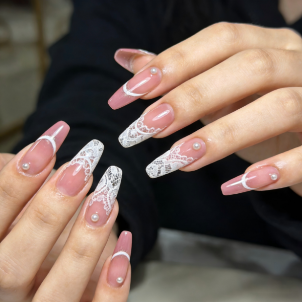 Glossy Light Pink Lace Pearl Almond Nails- Contains 22 Wraps