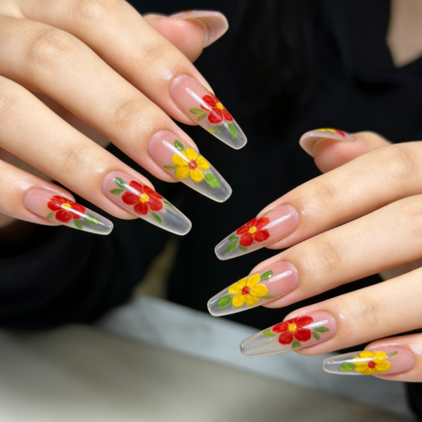 Clear Base Red & Yellow Floral Almond Nails- Contains 22 Wraps