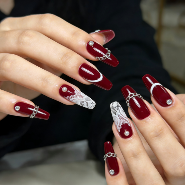 Deep Burgundy Lace Chain Rhinestone Stiletto Nails- Contains 22 Wraps