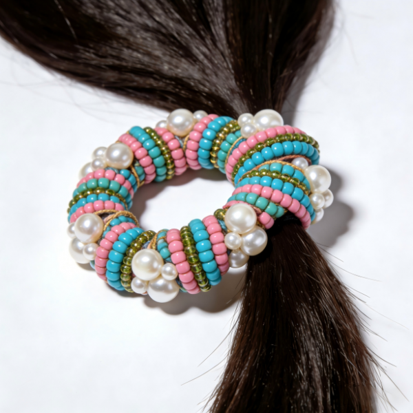 Color-Blocked Beaded Pearl Hair Scrunchie| Set of 5, Medium