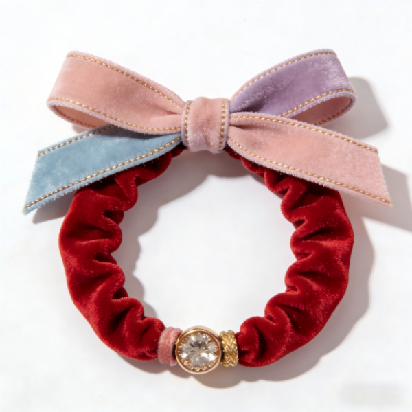 Velvet Rainbow Bow Scrunchie (Crystal Accent)