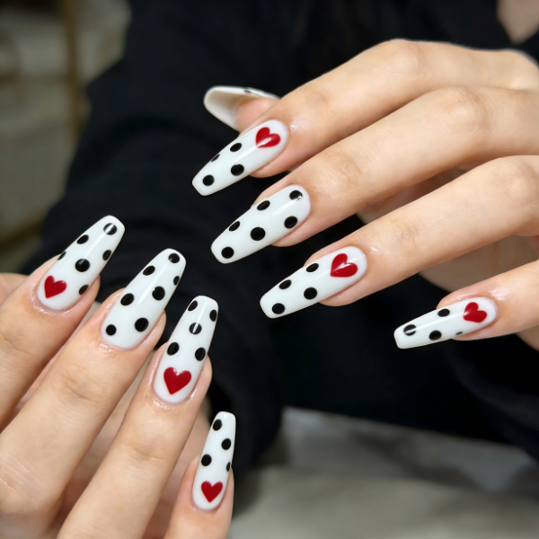 White Black Polka Dot Red Heart Stiletto Nails- Contains 22 Wraps