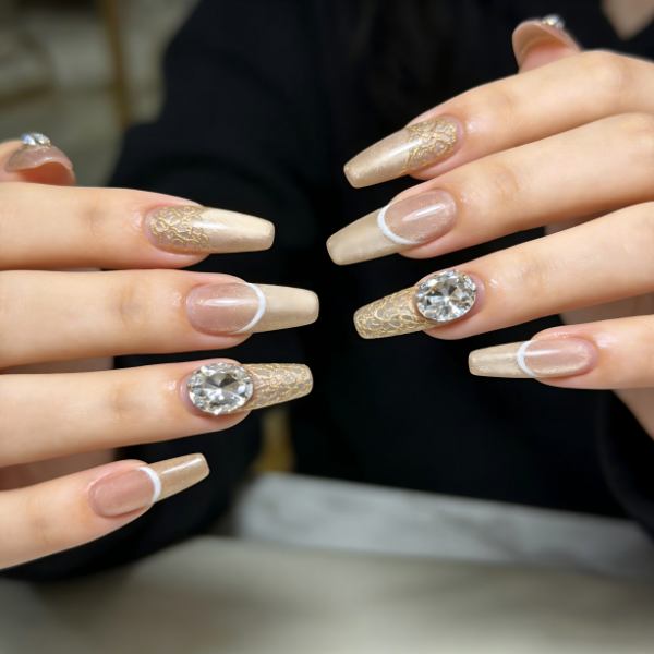 Champagne Gold Lace Rhinestone Almond Nails- Contains 22 Wraps