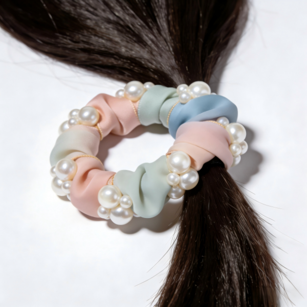 Minimalist Pastel Satin Pearl Scrunchie| Set of 5, Medium