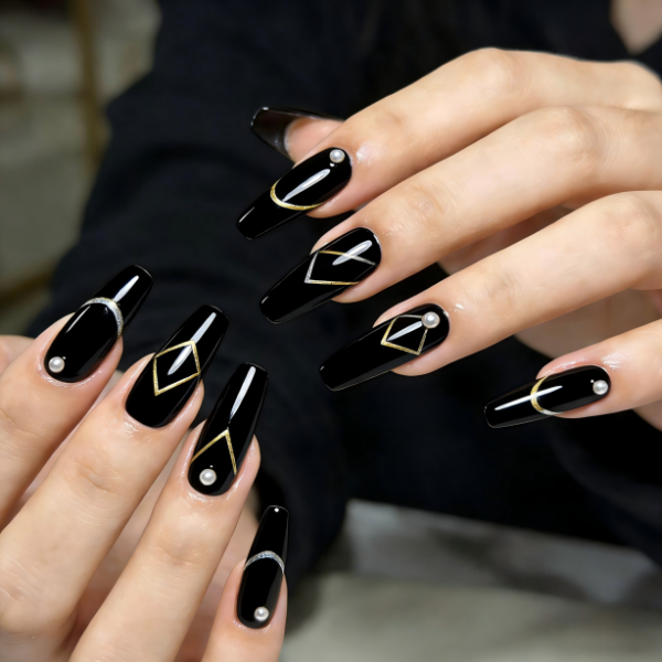 Black Glossy Gold Geometry Pearl Stiletto Nails- Contains 22 Wraps