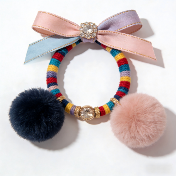 Rainbow Knit Hair Tie (Dual Pom-Poms)